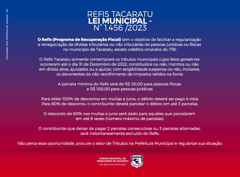 REFIS TACARATU LEI MUNICIPAL - N° 1.456 /2023